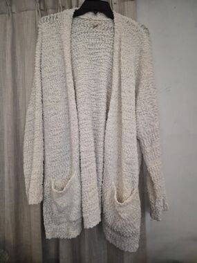 Cupio Chunky Knit Cardigan 1X | Cozy Cream Open Front Sweater w/ Pockets